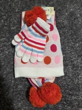 Copper Key Pink Polka Dot Hat, Scarf & Striped Gloves Set with Orange Poms